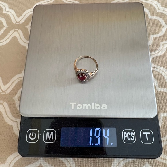 10K yellow gold Antique Victorian cocktail ring ruby red 5 glass stone - Picture 7 of 16